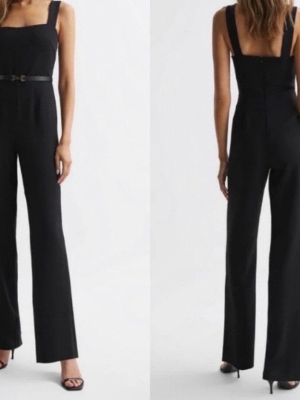 Good American Black Square-Neck Wide-Leg Jumpsuit with Belt Accent